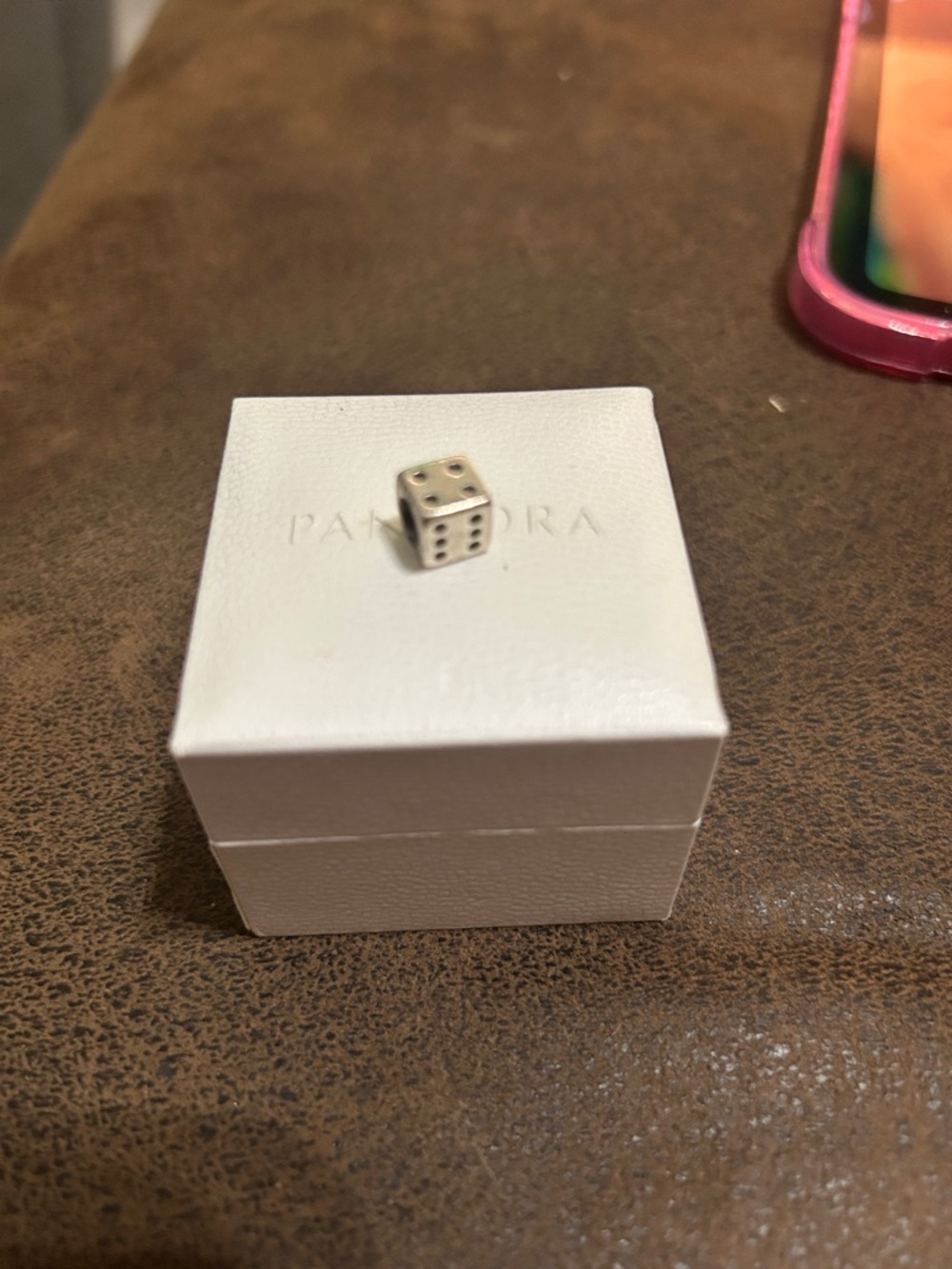 Pandora Silver Dice Charm on White Box